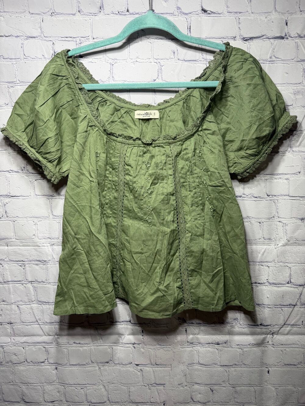 Natural Life Sweet Nothings Embroidered Cotton Top Green Sz S NWOT Cottage